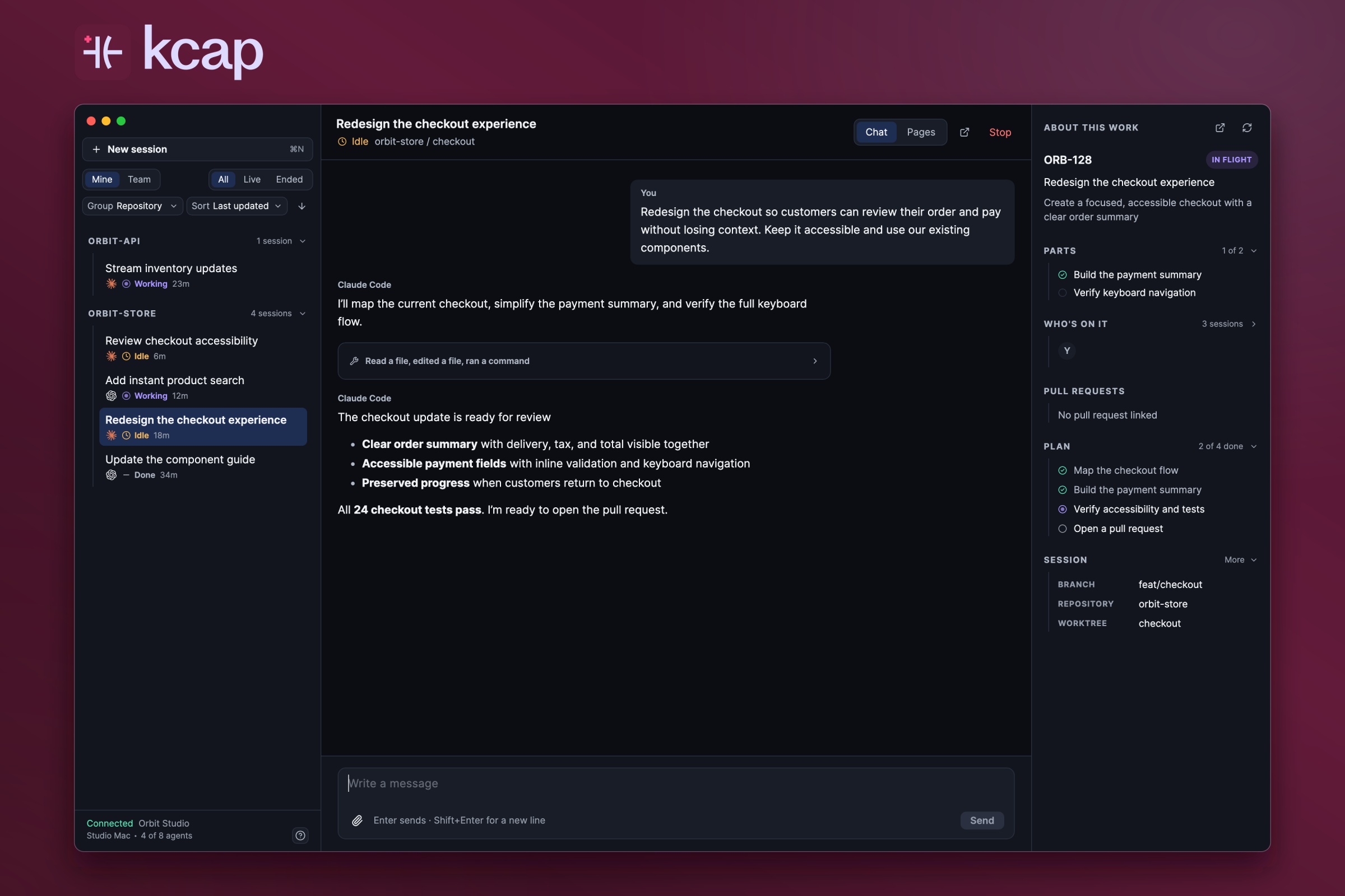 kcap desktop workspace showing agent conversations, a project plan, and work context with synthetic demo data